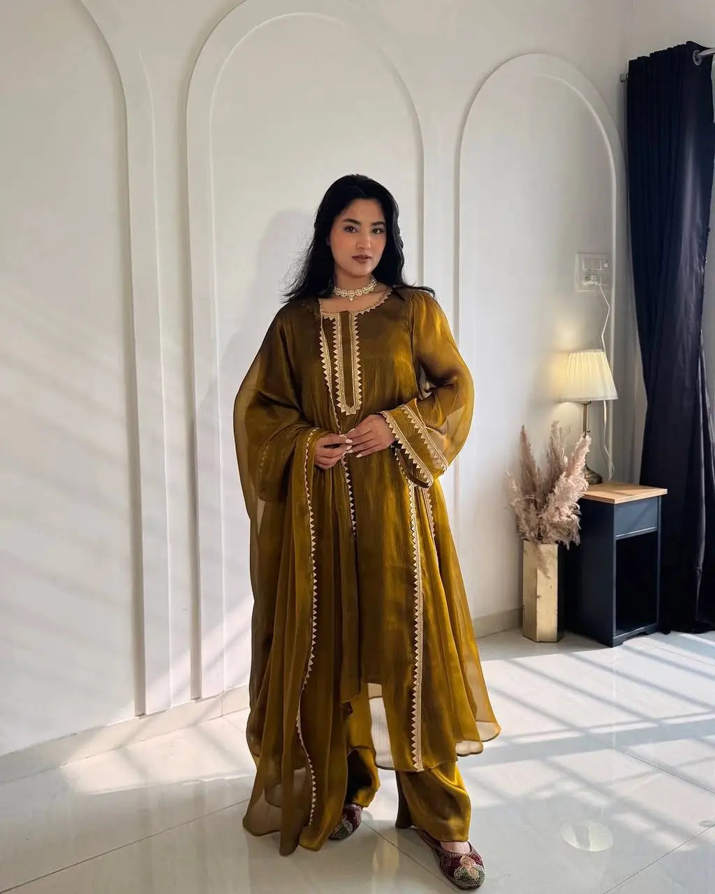 Mustard Shimmer Slit Gown
