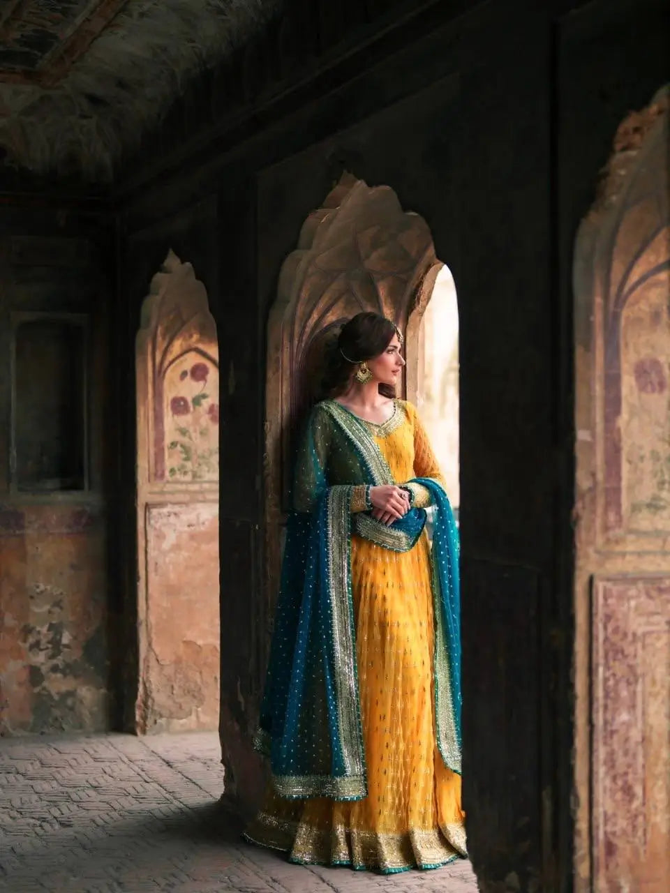 Mustard Teal Gota Gown