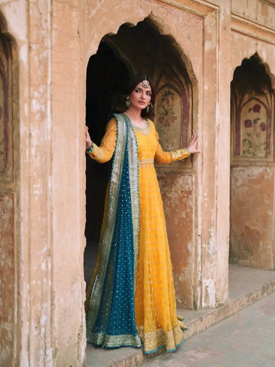 Mustard Teal Gota Gown