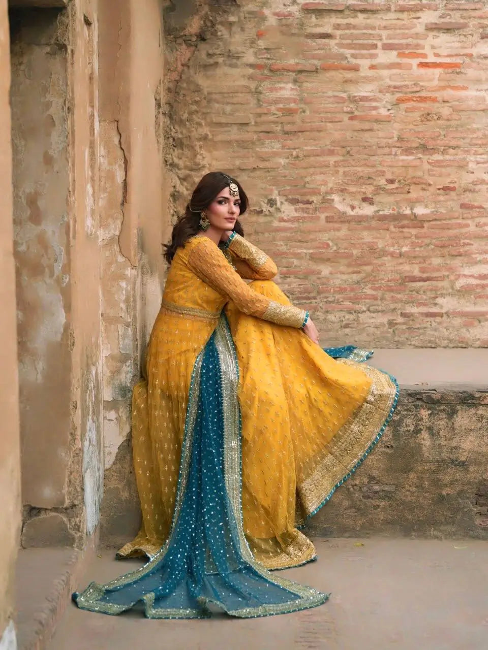 Mustard Teal Gota Gown