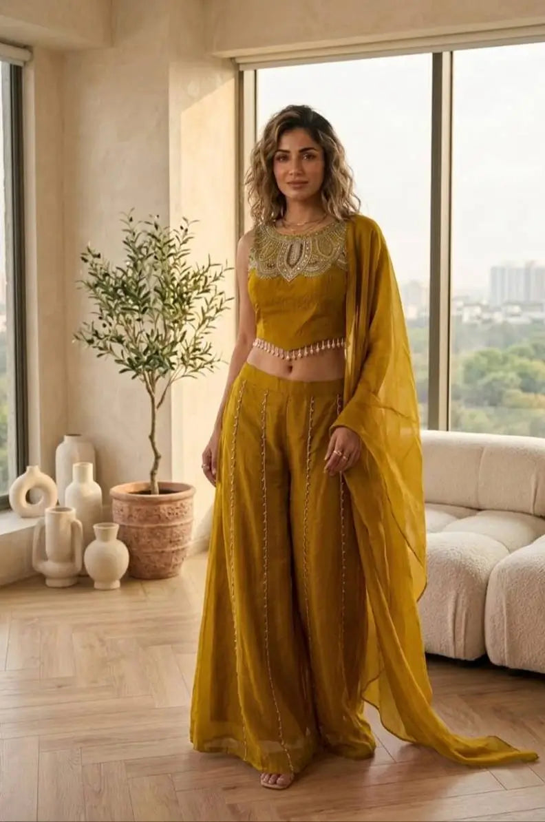 Mustard Viscose Satin Beadwork Sharara Set
