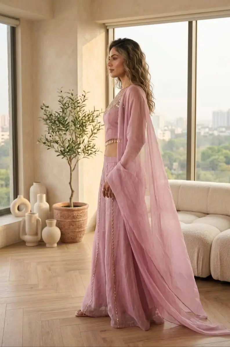 Mustard Viscose Satin Beadwork Sharara Set