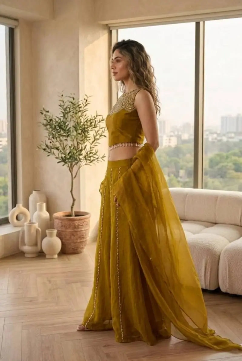 Mustard Viscose Satin Beadwork Sharara Set