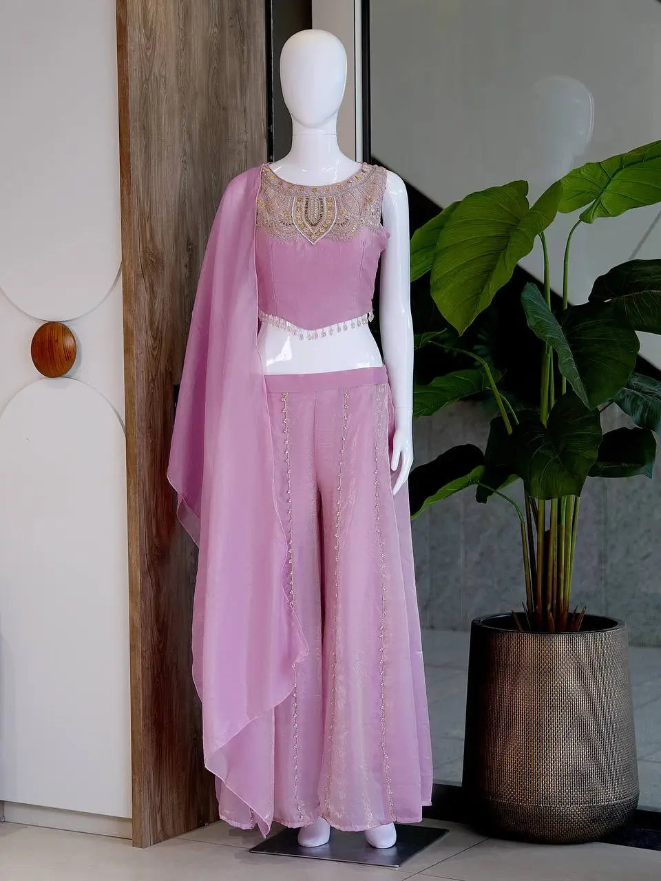 Mustard Viscose Satin Beadwork Sharara Set
