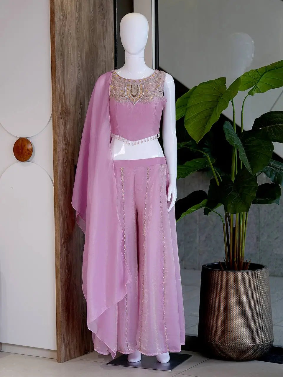 Mustard Viscose Satin Beadwork Sharara Set