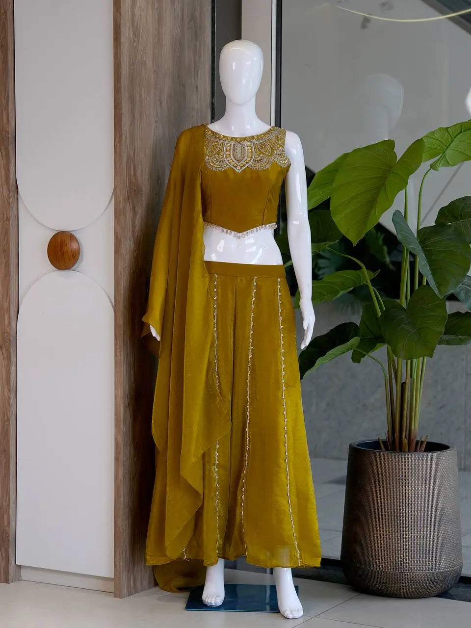 Mustard Viscose Satin Beadwork Sharara Set