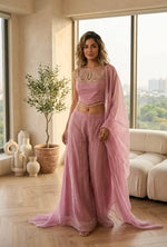 Mustard Viscose Satin Beadwork Sharara Set