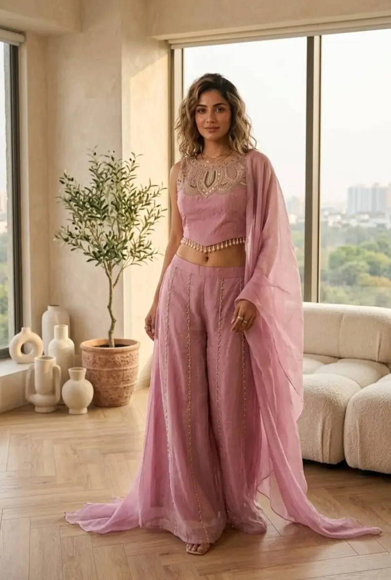 Mustard Viscose Satin Beadwork Sharara Set