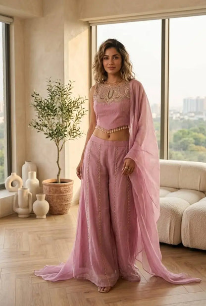 Mustard Viscose Satin Beadwork Sharara Set