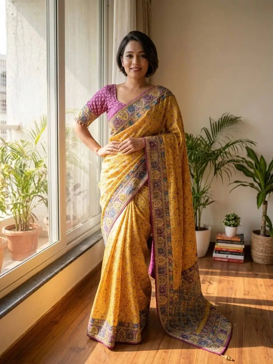 Mustard Zari Mirror Saree