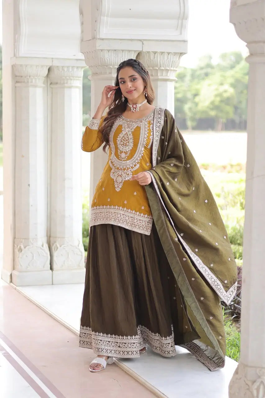 NC Silk Sequins & Coding Embroidered Top Sharara Set with Dupatta