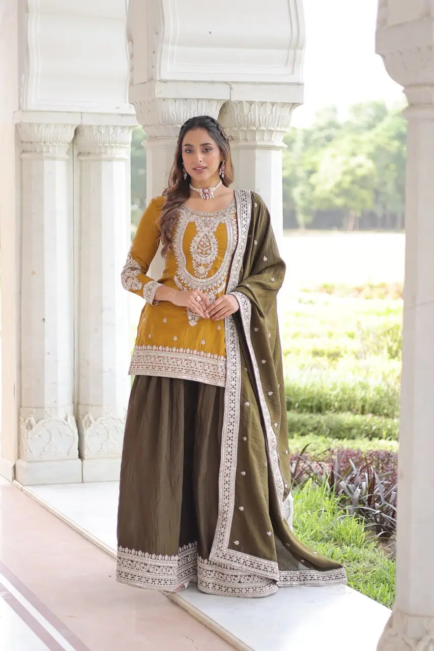NC Silk Sequins & Coding Embroidered Top Sharara Set with Dupatta