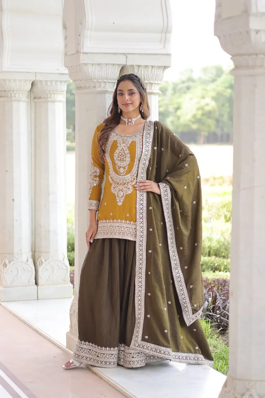 NC Silk Sequins & Coding Embroidered Top Sharara Set with Dupatta
