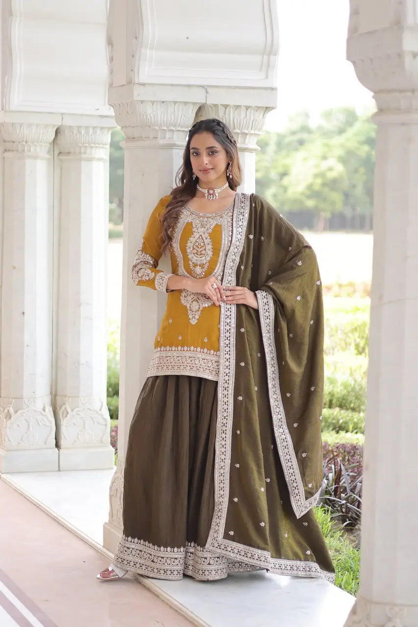 NC Silk Sequins & Coding Embroidered Top Sharara Set with Dupatta