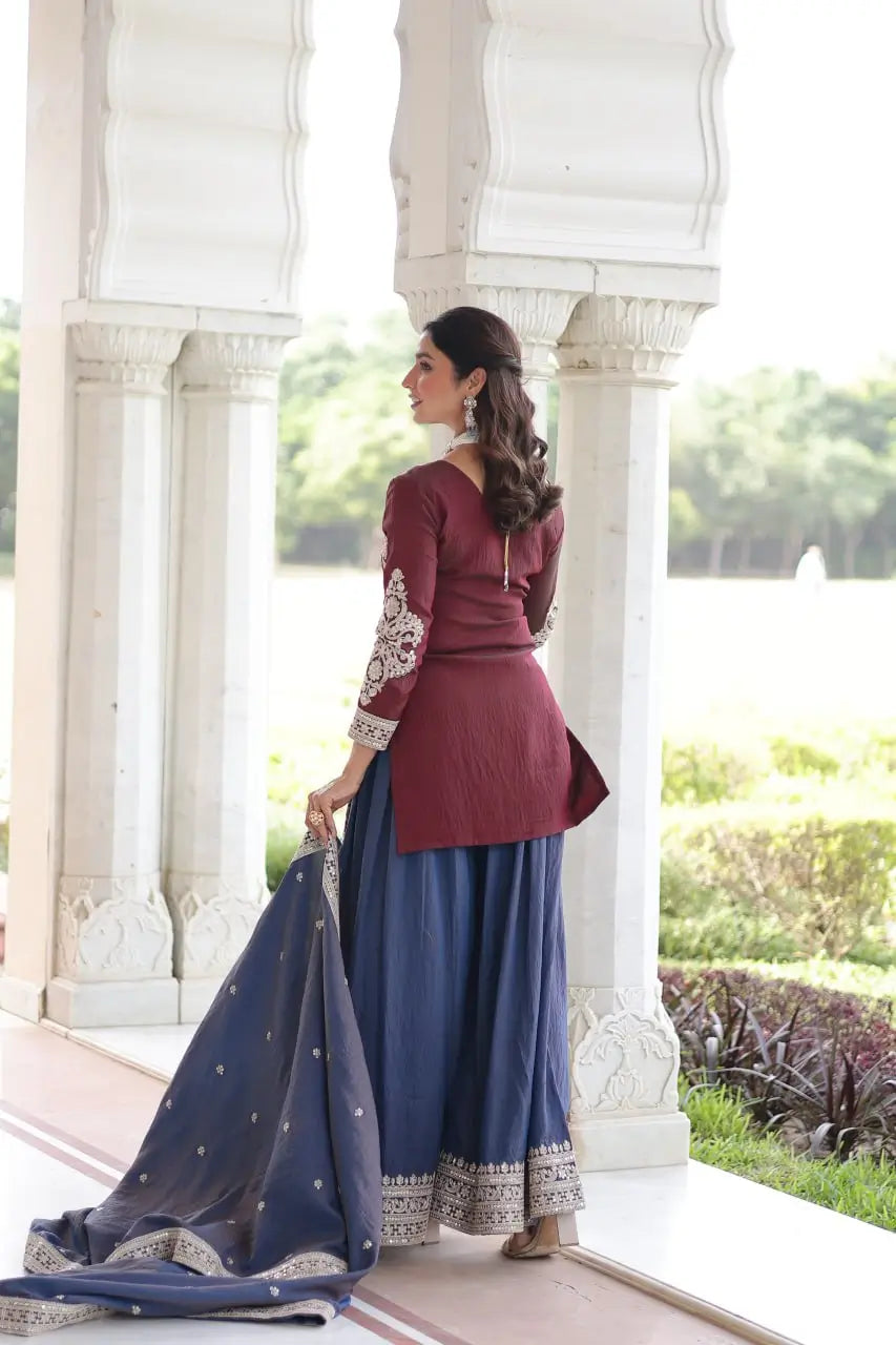 NC Silk Sequins & Coding Embroidered Top Sharara Set with Dupatta