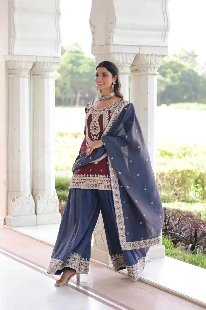 NC Silk Sequins & Coding Embroidered Top Sharara Set with Dupatta