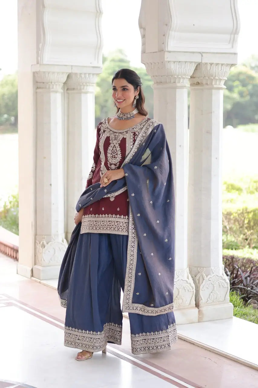 NC Silk Sequins & Coding Embroidered Top Sharara Set with Dupatta
