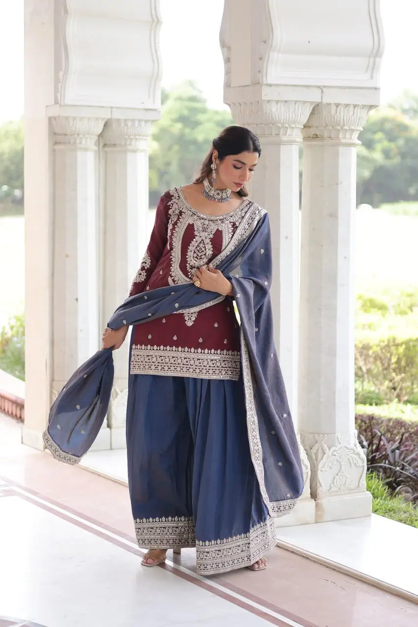 NC Silk Sequins & Coding Embroidered Top Sharara Set with Dupatta