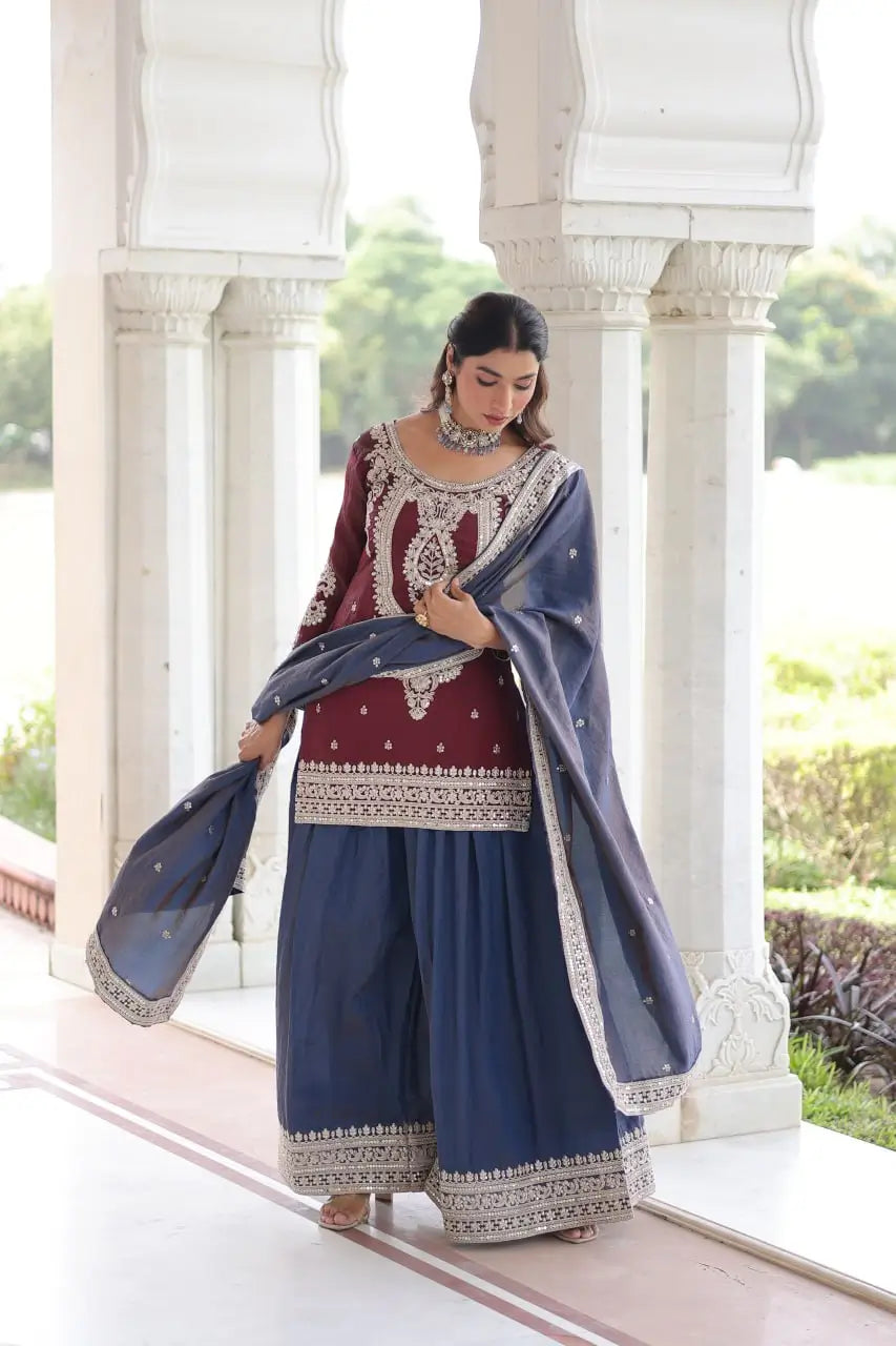 NC Silk Sequins & Coding Embroidered Top Sharara Set with Dupatta