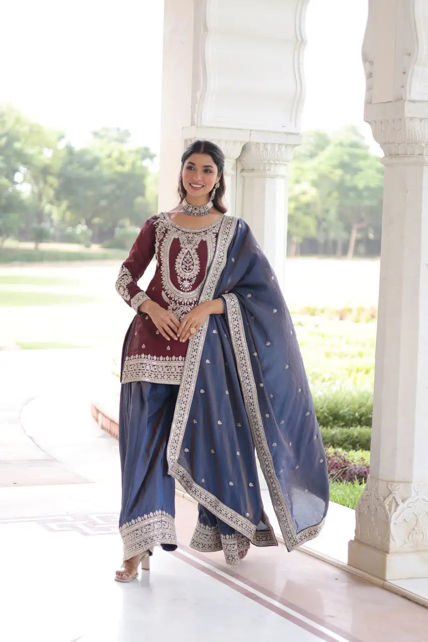 NC Silk Sequins & Coding Embroidered Top Sharara Set with Dupatta