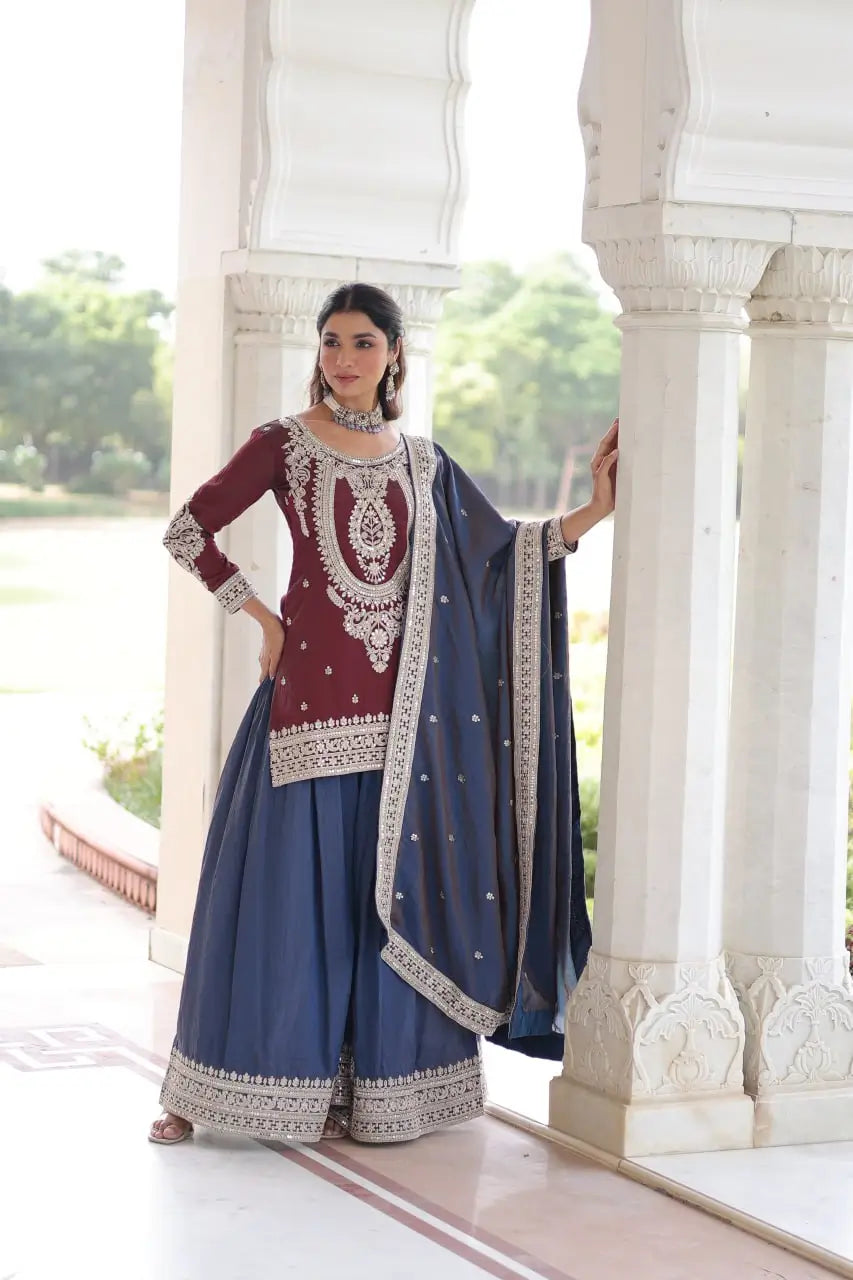 NC Silk Sequins & Coding Embroidered Top Sharara Set with Dupatta