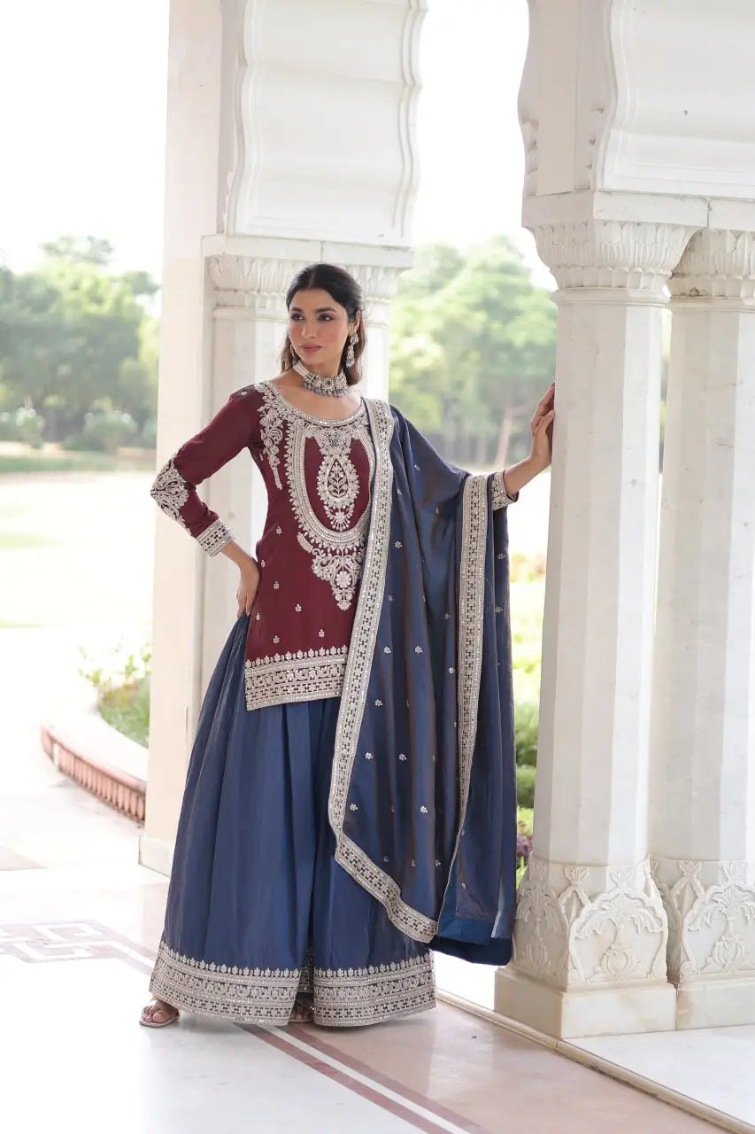 NC Silk Sequins & Coding Embroidered Top Sharara Set with Dupatta