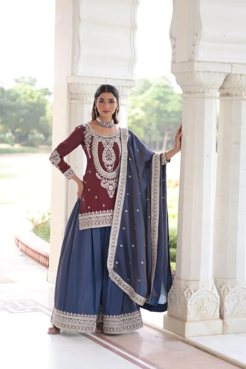 NC Silk Sequins & Coding Embroidered Top Sharara Set with Dupatta