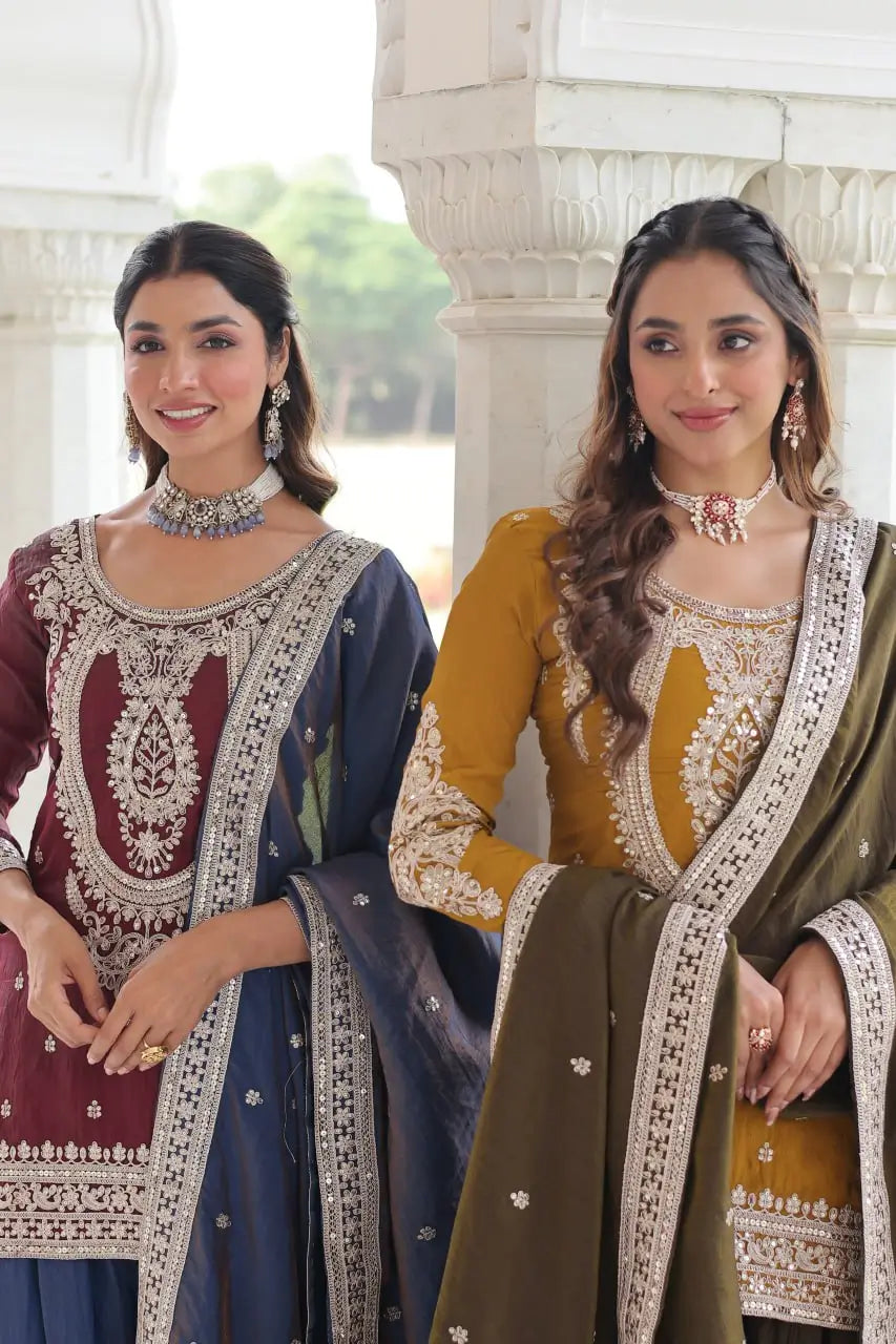 NC Silk Sequins & Coding Embroidered Top Sharara Set with Dupatta