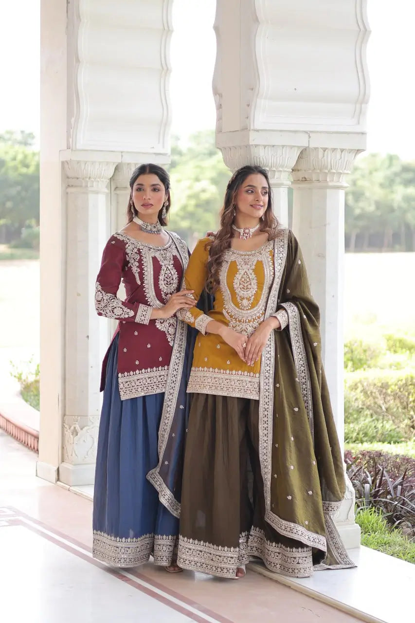NC Silk Sequins & Coding Embroidered Top Sharara Set with Dupatta