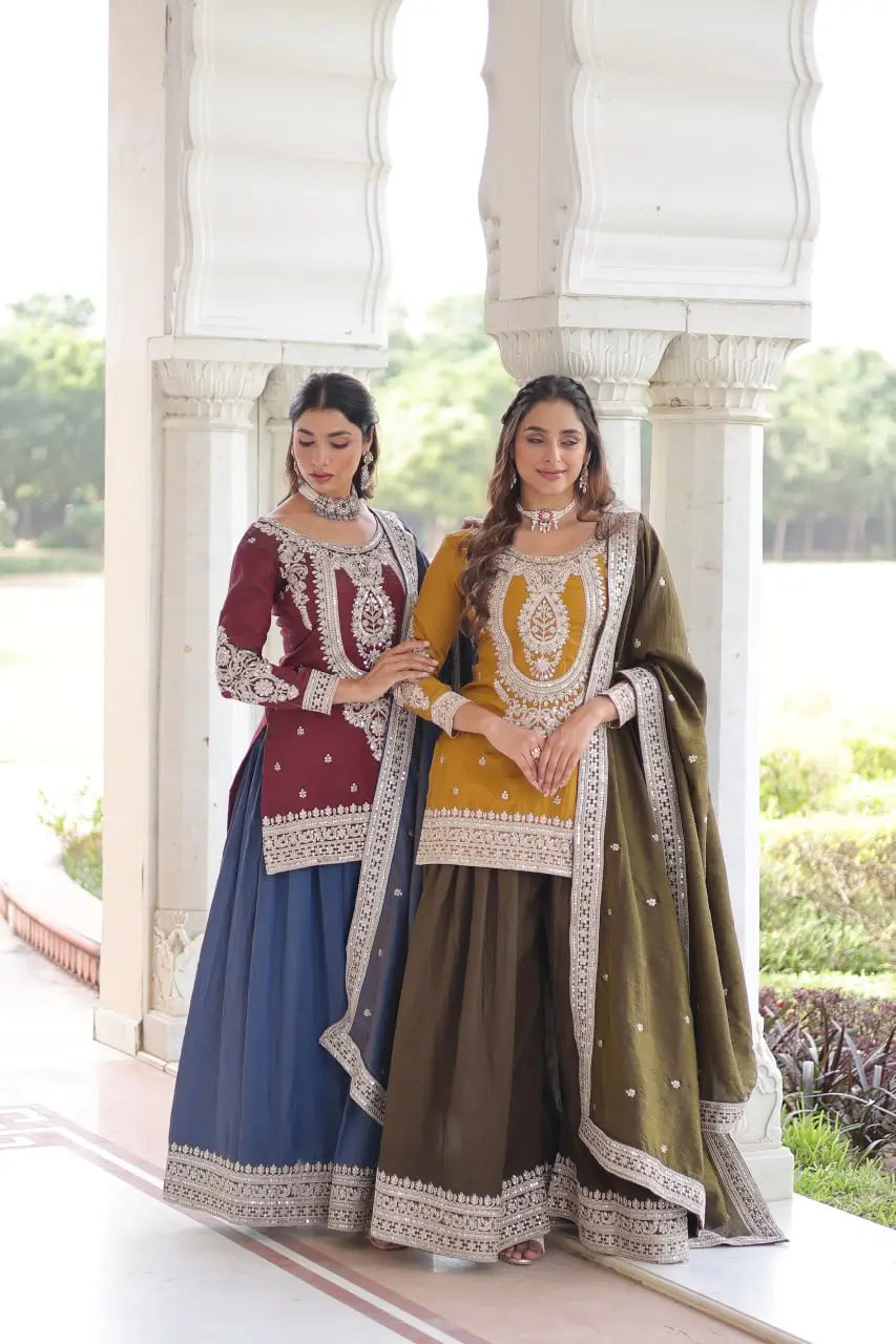 NC Silk Sequins & Coding Embroidered Top Sharara Set with Dupatta