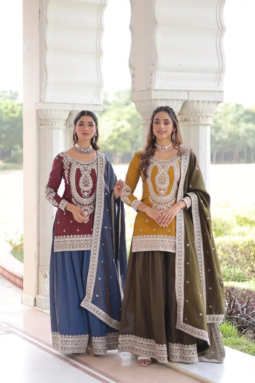NC Silk Sequins & Coding Embroidered Top Sharara Set with Dupatta