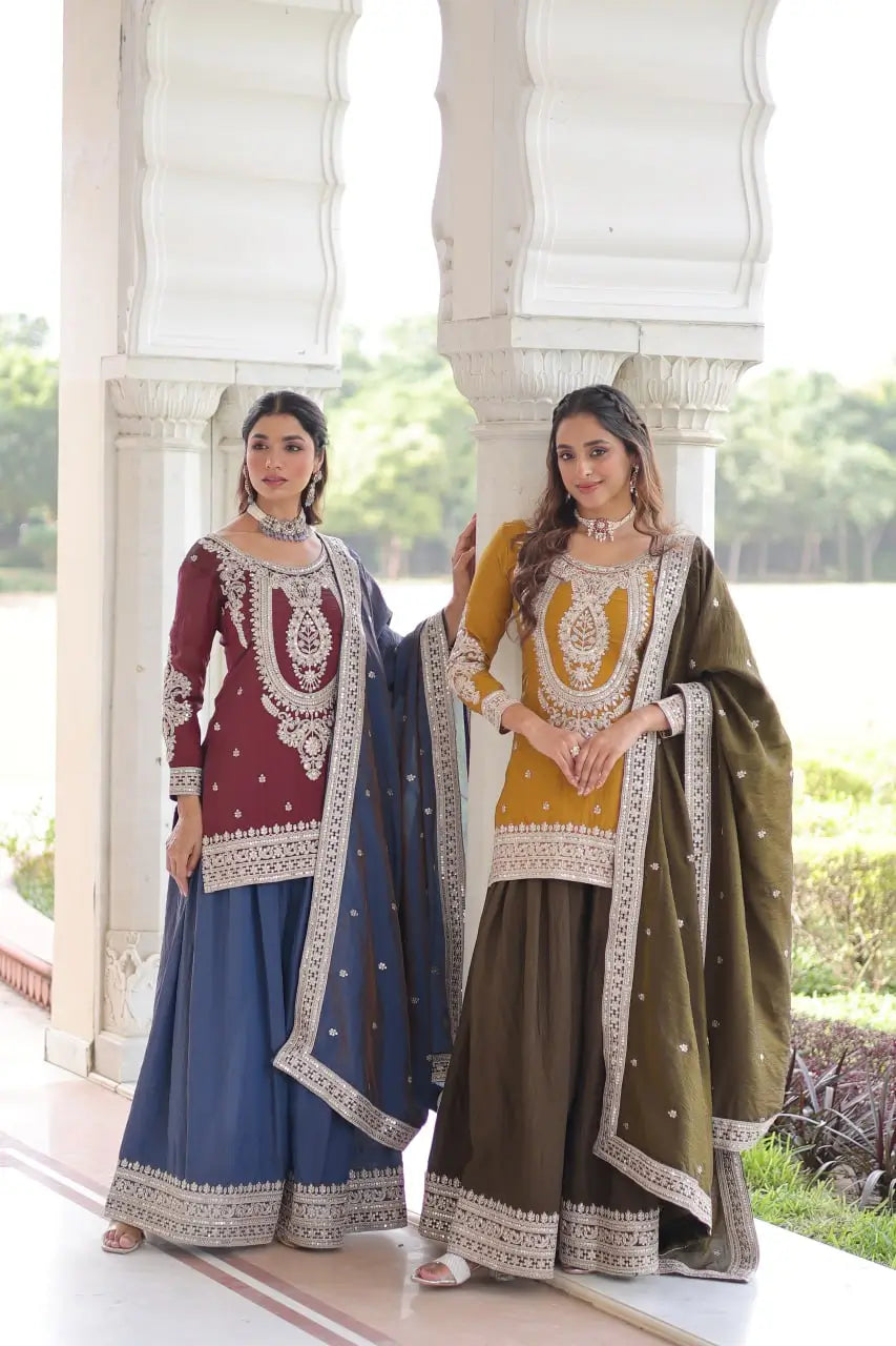 NC Silk Sequins & Coding Embroidered Top Sharara Set with Dupatta
