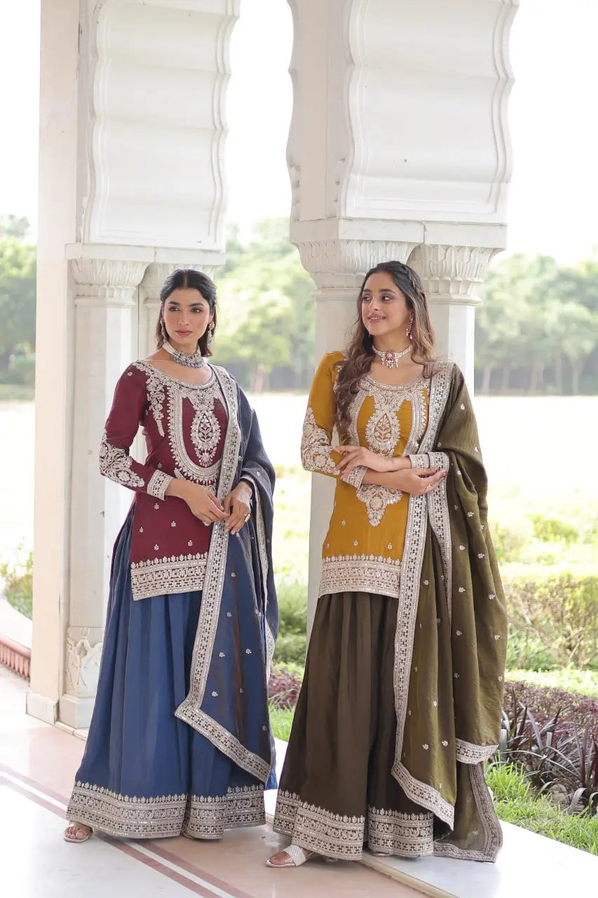 NC Silk Sequins & Coding Embroidered Top Sharara Set with Dupatta