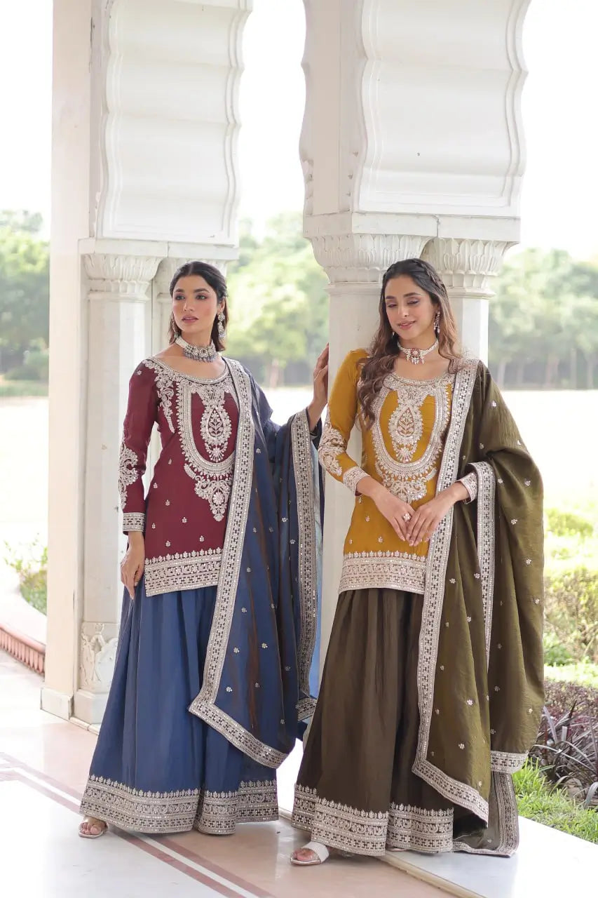 NC Silk Sequins & Coding Embroidered Top Sharara Set with Dupatta