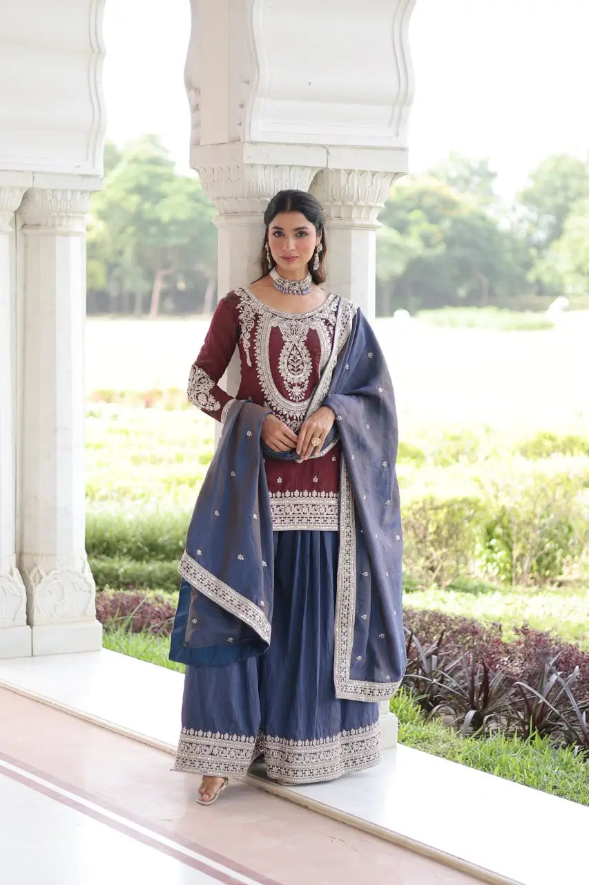 NC Silk Sequins & Coding Embroidered Top Sharara Set with Dupatta