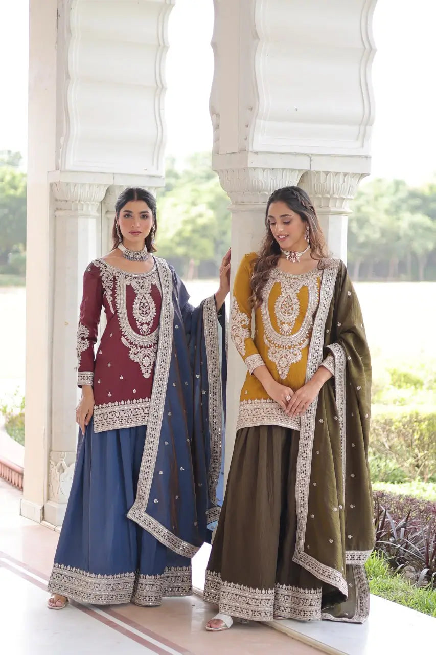 NC Silk Sequins & Coding Embroidered Top Sharara Set with Dupatta