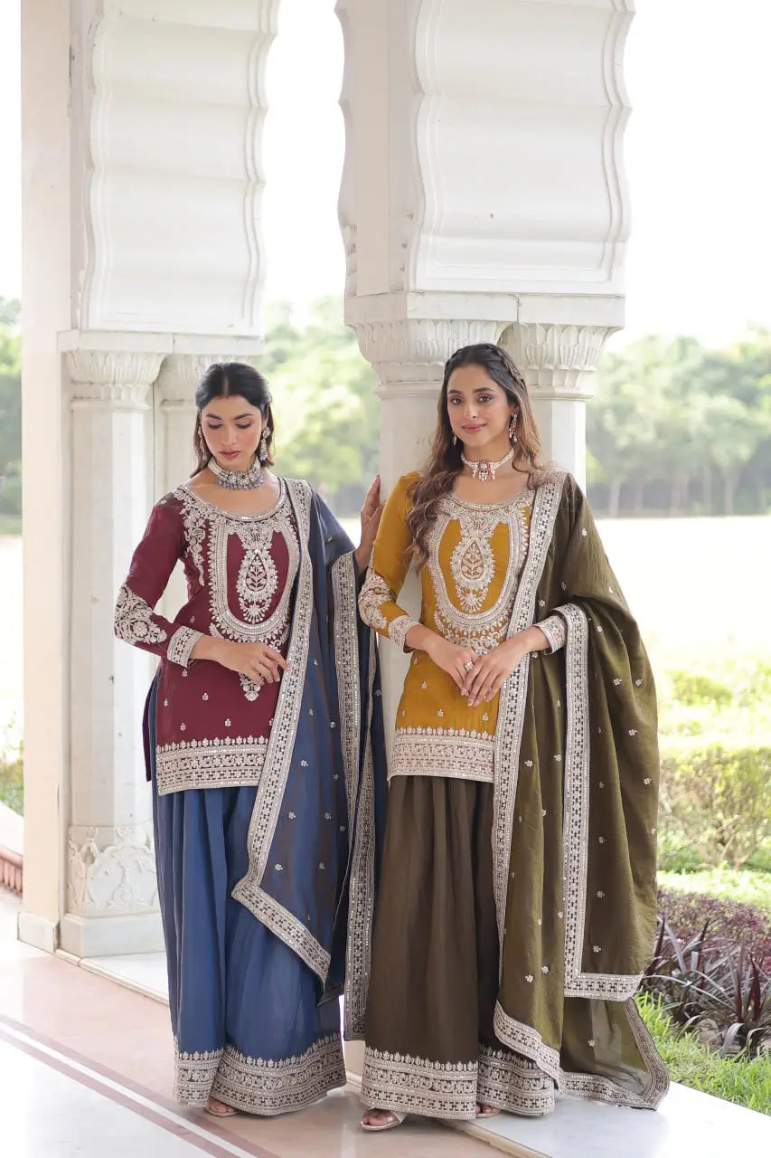 NC Silk Sequins & Coding Embroidered Top Sharara Set with Dupatta