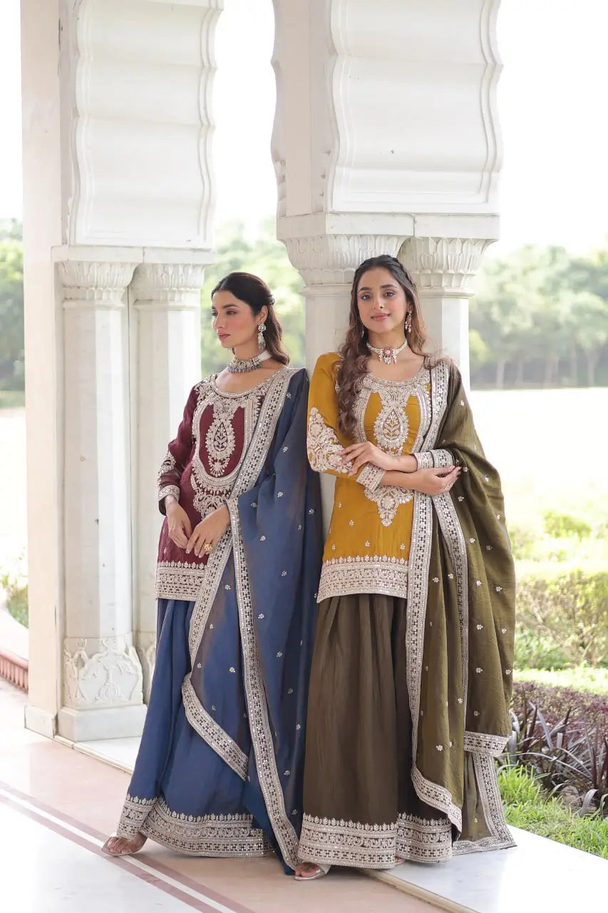 NC Silk Sequins & Coding Embroidered Top Sharara Set with Dupatta