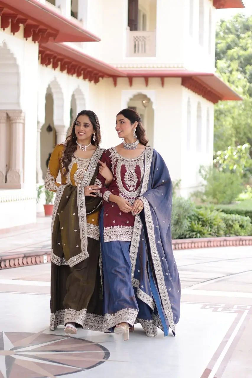 NC Silk Sequins & Coding Embroidered Top Sharara Set with Dupatta