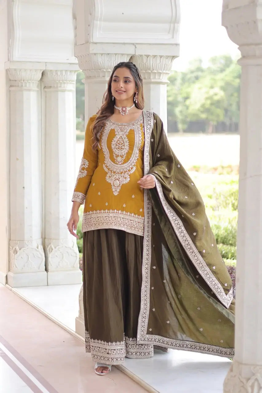 NC Silk Sequins & Coding Embroidered Top Sharara Set with Dupatta