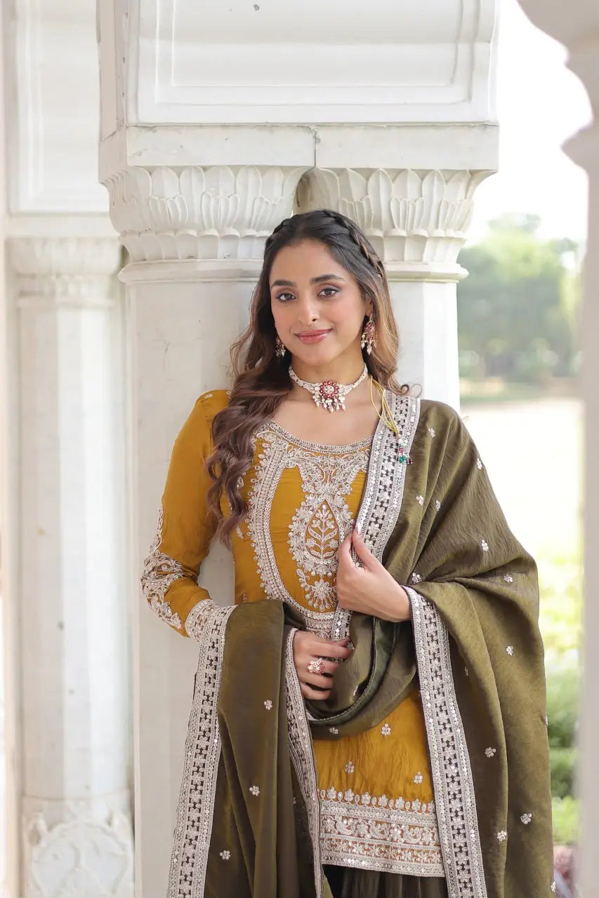 NC Silk Sequins & Coding Embroidered Top Sharara Set with Dupatta