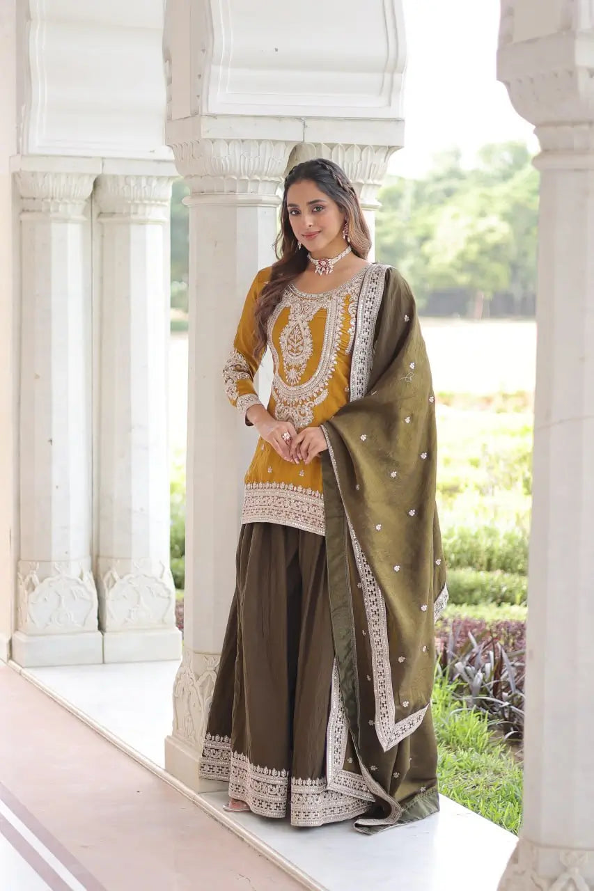 NC Silk Sequins & Coding Embroidered Top Sharara Set with Dupatta