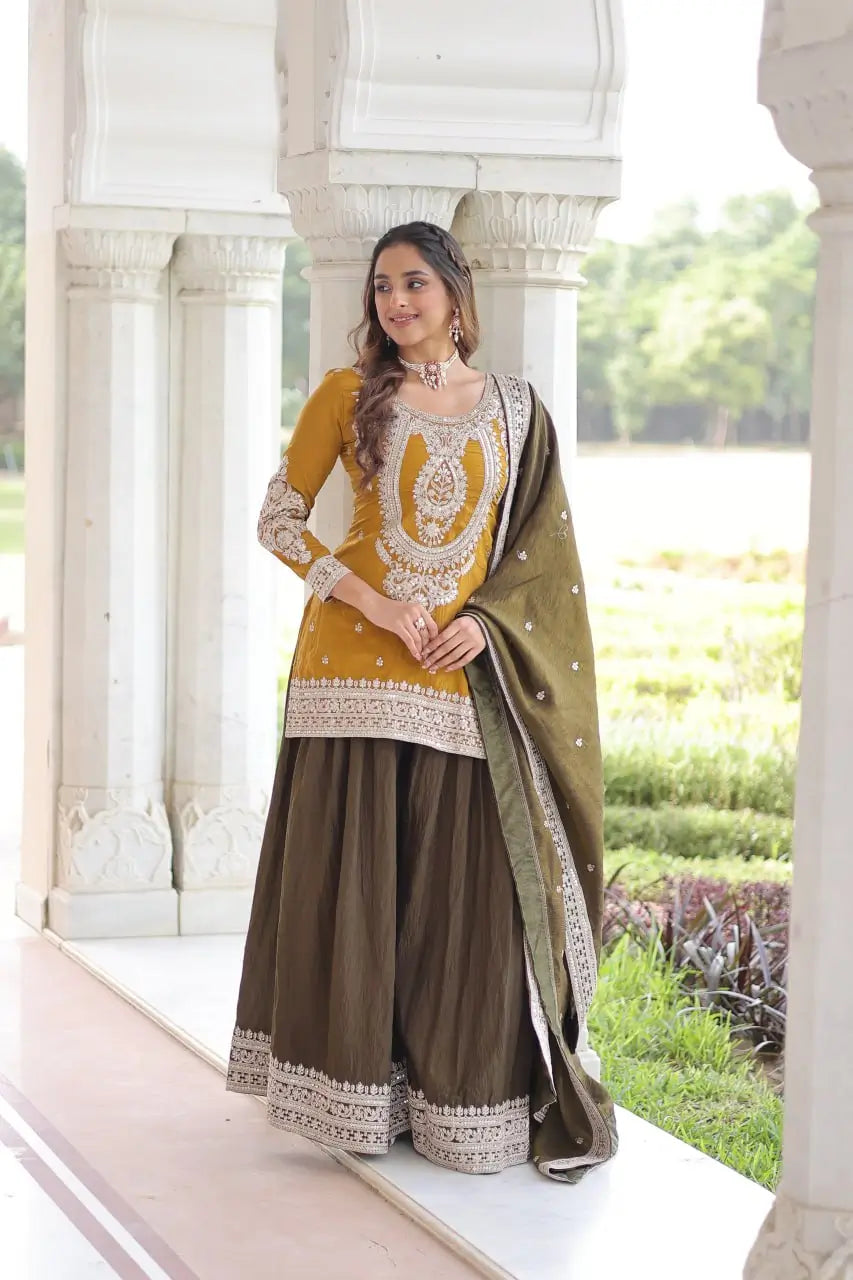 NC Silk Sequins & Coding Embroidered Top Sharara Set with Dupatta
