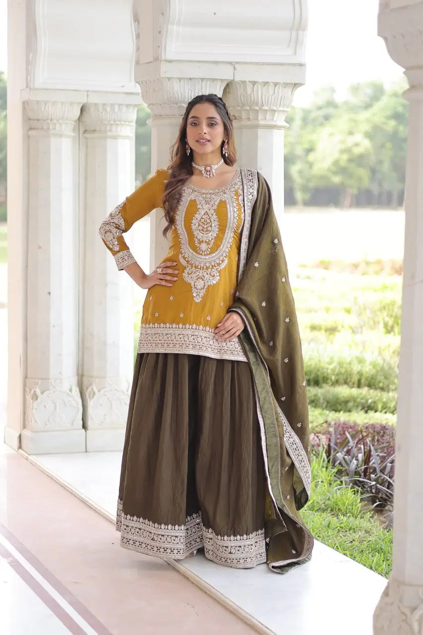 NC Silk Sequins & Coding Embroidered Top Sharara Set with Dupatta