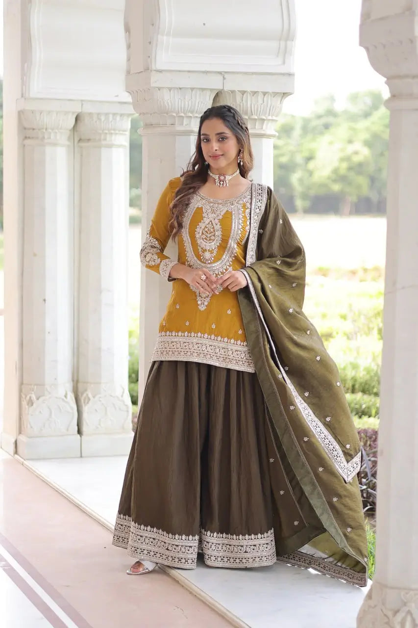 NC Silk Sequins & Coding Embroidered Top Sharara Set with Dupatta