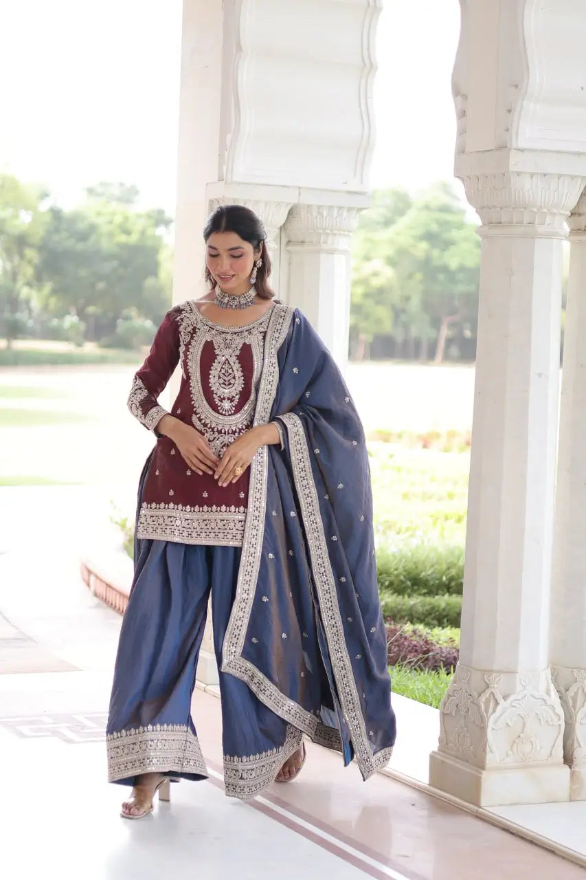 NC Silk Sequins & Coding Embroidered Top Sharara Set with Dupatta
