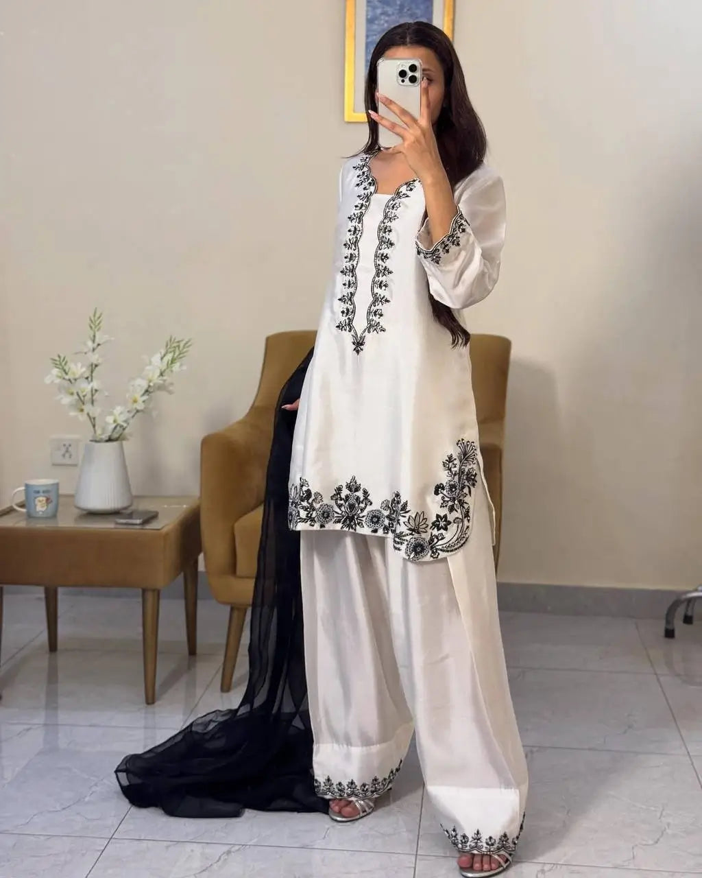Natural Crepe Embroidered Palazzo Set with Beads and Sequins