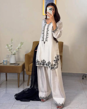 Natural Crepe Embroidered Palazzo Set with Beads and Sequins