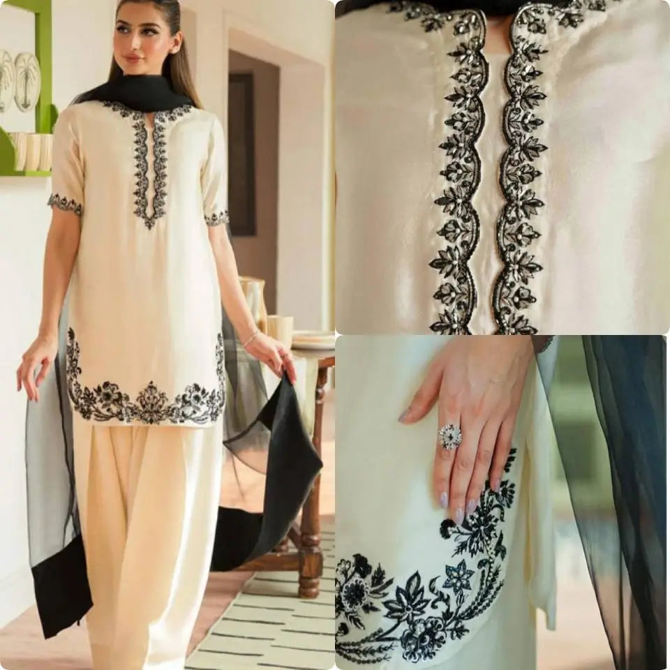 Natural Crepe Embroidered Palazzo Set with Beads and Sequins