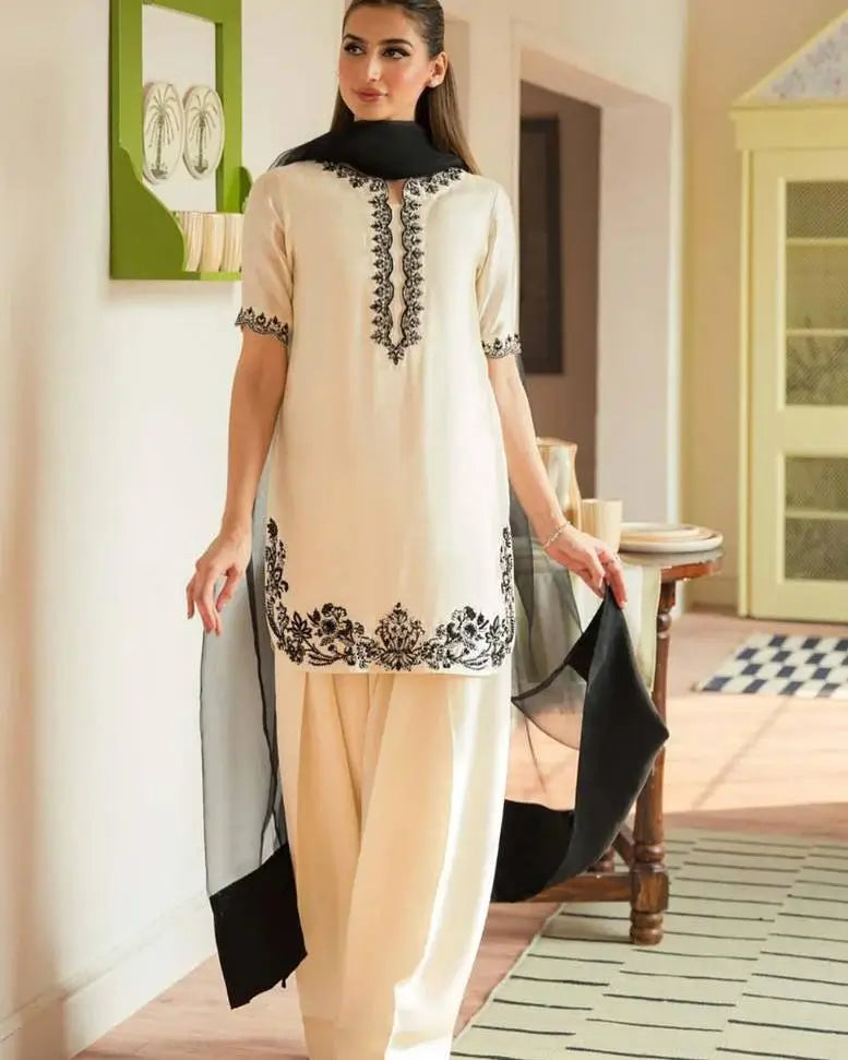 Natural Crepe Embroidered Palazzo Set with Beads and Sequins